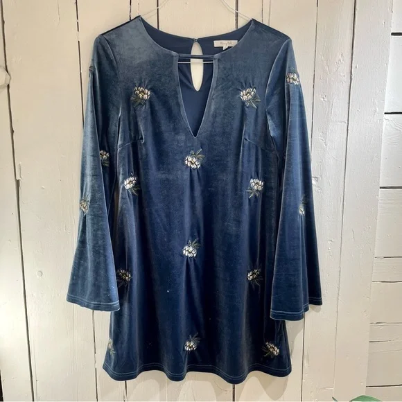 Blue Velvet Dress With Flare Sleeves And Embroidered Hearts | Color: Blue | Size: S | Blacmagik's Closet